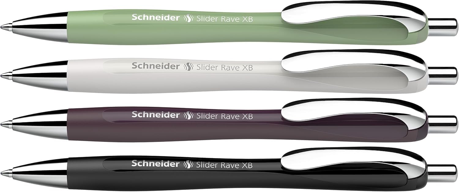 Schneider 132684 Slider Rave XB Kugelschreiber (Weiches Schreiben ohne Kratzen für lange Texte in Schule, Uni und Beruf) 4 Stück, Naturgrün + 3 Farben, Tinte: Blau