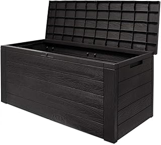Auflagenbox Woody Holzoptik Deckel klappbar 120x46x57cm Kissenbox Gartenbox Garten Truhe Tischtruhe