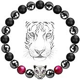 Karseer Tiger Head Gemstone Bracelet, Semi Precious Natural Crystals and Healing Stones Original Design Beaded Bracelet for Men Women, Yoga Meditation Prayer Chakra Bracelet for Stress Relief