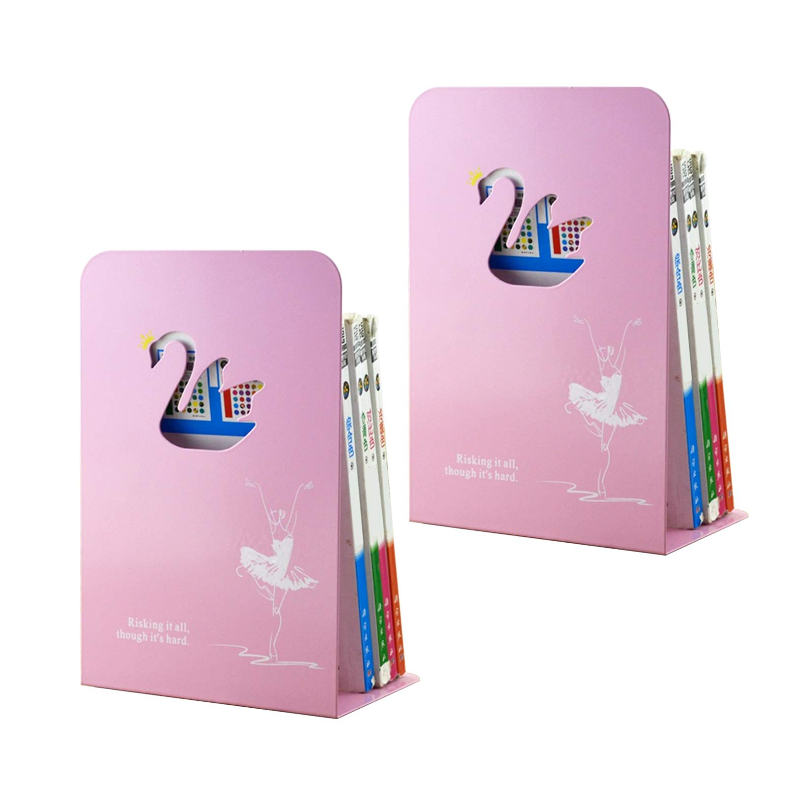 Elinala Book Ends, Book Ends for Book Shelves, 1 Pair of Thickened Bookends with Metal Hollow Cartoon Swan Shape for School, Office, Home and Library (Pink)