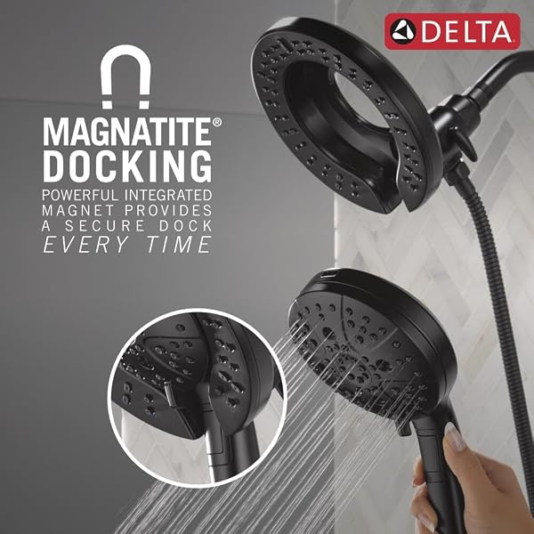DELTA FAUCET 7-SETTING IN2ITION 2-IN-1 DUAL SHOWER HEAD WITH PROCLEAN SPRAY, MATTE BLACK ROUND WITH HOSE, HAND HELD SHOWER HEAD 2.5 GPM, MATTE BLACK 58651-BL25