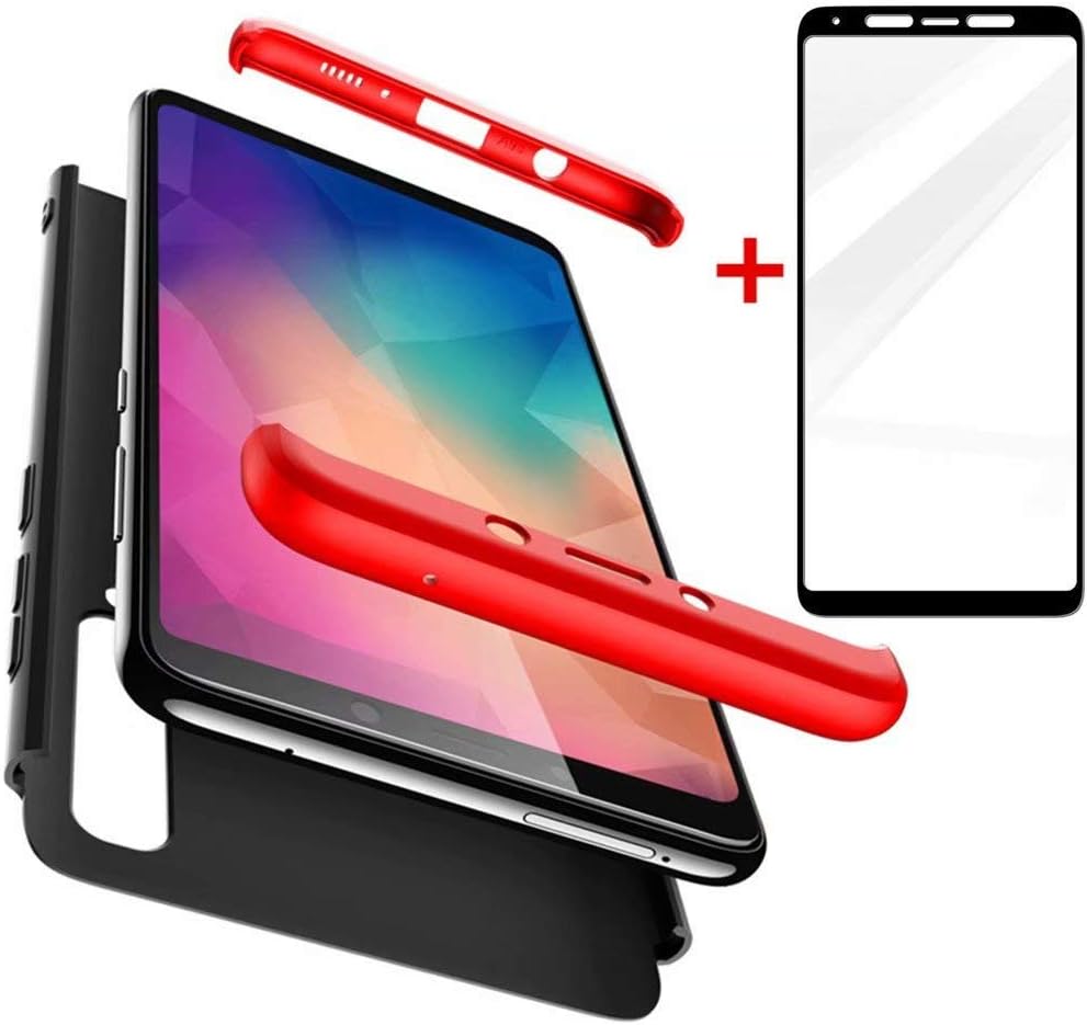 AILZH compatible Samsung A9(2018)/A9S Case+Tempered glass film 360 Degree Protective Cover PC Hard Shell Anti-Shock Shockproof Full Body Anti-Scratch Bumper Matte Protection(Red black)