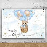 ChloropLastid We Can Bearly Wait Baby Backdrop Boy Bear Hot Air Balloon Baby Shower Photography Background Blue Balloons Clou