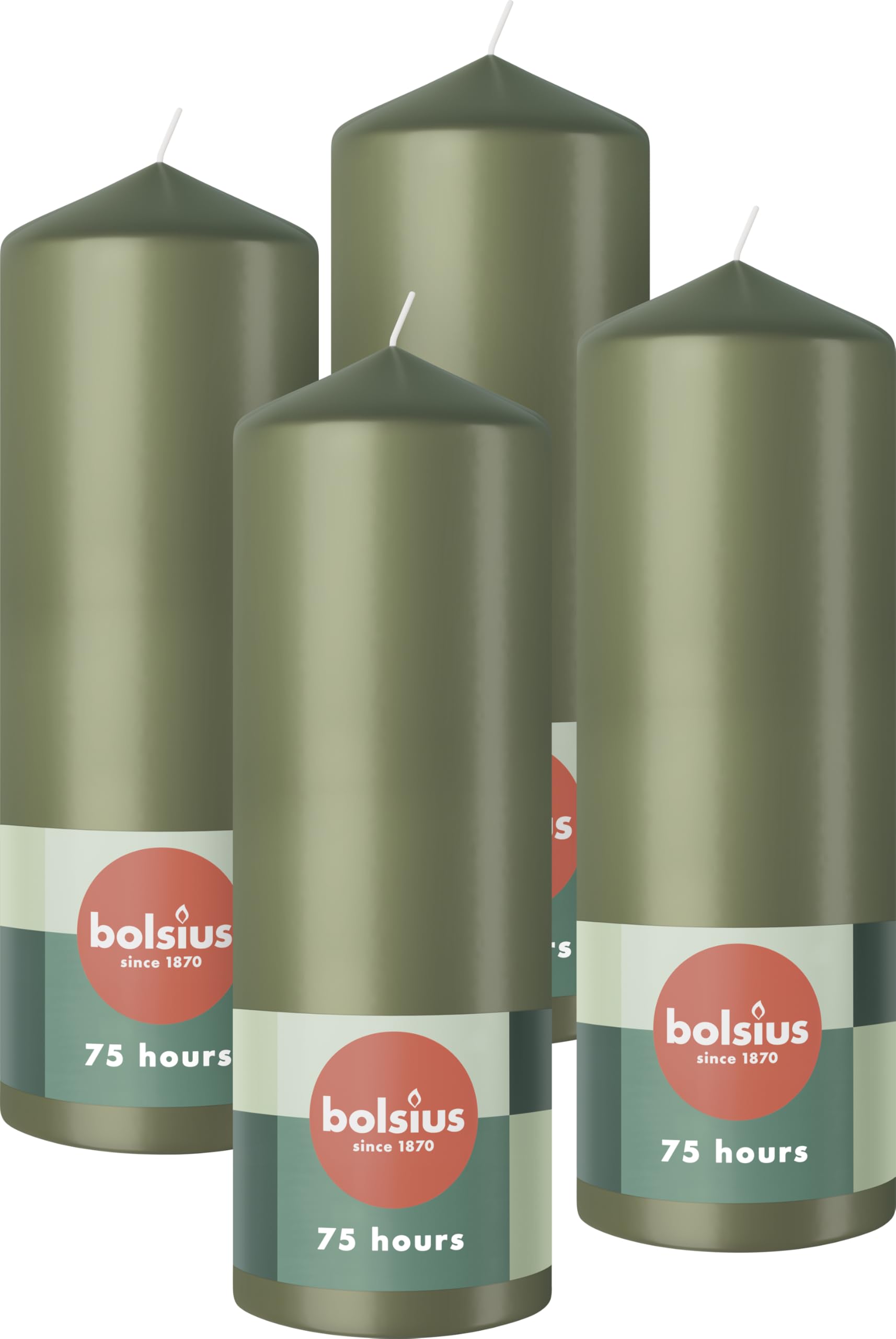 Bolsius Pillar Candles – Green – 4-Pack – 20 x 7 cm – Decorative Household Candles – Long Burning Time of 75 Hours – Unscented – Includes Natural Vegan Wax – Without Palm Oil