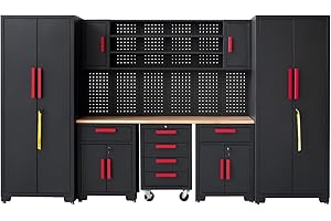 HPDMC Garage Cabinet Storage System - 9-Piece Workshop Set w/Steel Cabinets & Workbench Includes Rolling Chest & Pegboard | Heavy-Duty Black & Red Tool Organization for Garage/Workshop