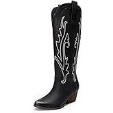 DREAM PAIRS Women's Embroidered Western Pull-On Knee-High Cowboy Boots