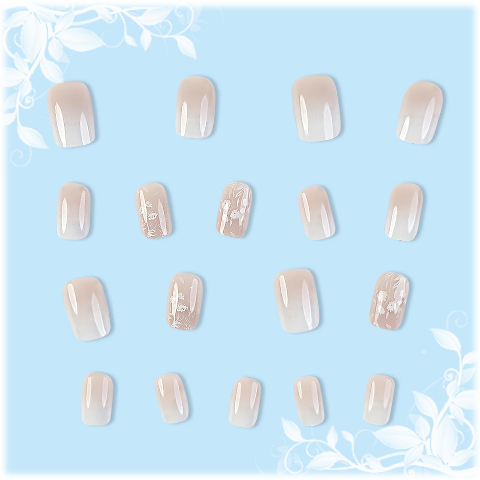 White Gradient Short Square Press on Nails with Flower Leaves Design, Glossy Nude False Nails Gel Glue on Nails, Ombre Manicure Art Fake Nails Stick on Nails for Coquette Women Girls - Image 3
