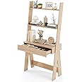Giantex 3 Tier Ladder Desk with Drawer, 33" Width Ladder Shelf with Anti-Tipping Device, Freestanding Bookshelf, Natural Leaning Computer Desk with Shelves for Small Space