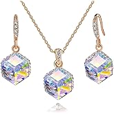 EVEVIC Colorful Cubic Austrian Crystal Pendant Necklace Earrings for Women 14K Gold Plated Hypoallergenic Jewelry Set