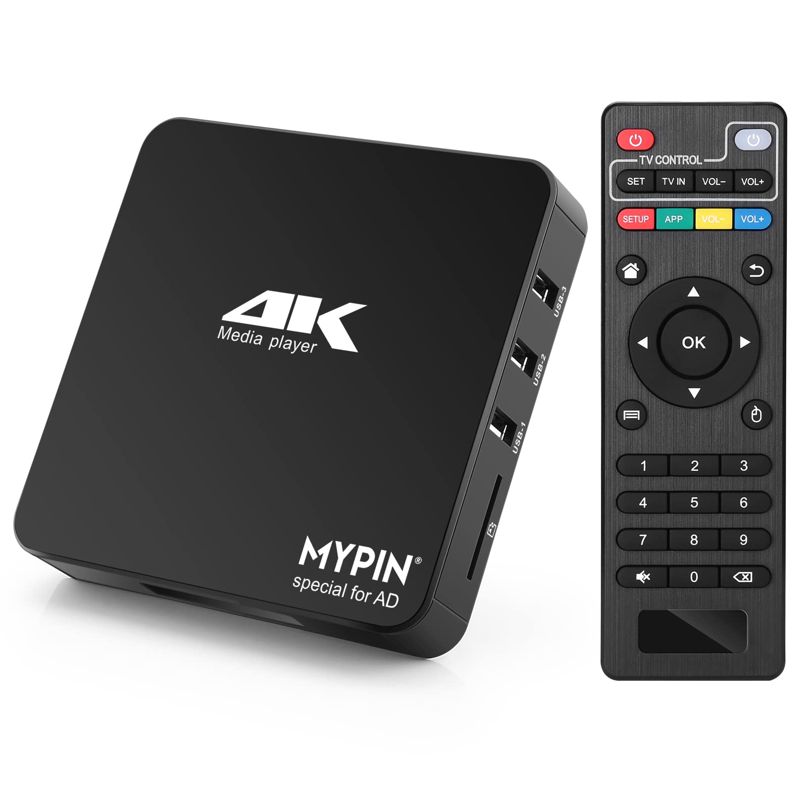 4K Media Player, MYPIN HDMI MP4 Media Player Support 14TB HDD/ 512G USB Drive/SD Card with HDMI/AV Out for HDTV/PPT MKV AVI MP4 H.265-Support Advertising Subtitles/Timing, Networkable — image 1