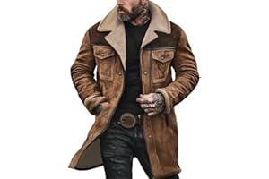 CAOQAO Mens Western Cowboy Vintage Suede Jacket Plush Collar Coats Faux Leather Winter Long Jackets Zip Up Casual Retro Tops