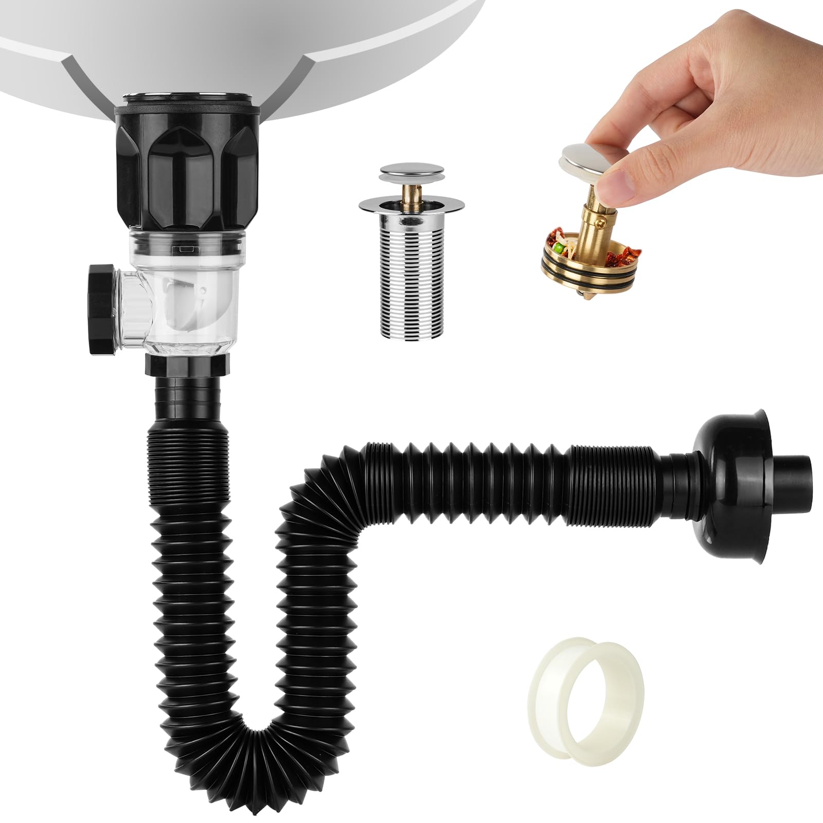HOTUT Bathroom Sink Drain Kit, Pipe Connector Waste Water Trap Kit Flexible Waste Pipe, Odour-Proof Sink Waste Trap, Extensable 42-93.5cm Flexi Waste for Bath Wash Basin Kitchen Sink