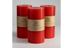 MOZEAL 3" x 6" Hand-Poured Unscented Candle,Dripless Pillar Candle Set of 3,Long Lasting Burning,Approx 120 Hours Burn Time,Rustic Country Style,for Wedding,Dinner,Christmas and Home Decor,Red