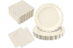 Oigco 50 Pcs Ivory Plates and Napkins Party Supplies - Disposable Scalloped Paper Plates & Napkins for Baby Shower, Wedding, Birthday Party Decorations, Serves 25