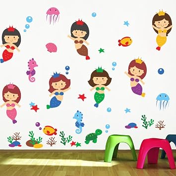 Amazon｜ZooArts 人魚姫 タツノオトシゴ 海底の世界 可愛い カラフル ベビールーム 子供部屋 バスルーム お風呂 ウォール