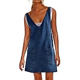 PLNOTME Womens Sleeveless Denim Overall Dress V Neck Summer Mini Jean Dress with Pockets