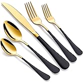 LKTDYMEG 20-Piece Black and Gold Silverware Set 18/0 Stainless Steel Silverware Set Black Handle Cutlery Set Service for 4 Dinner Knives Forks Spoons Set Flatware Set Finish Dishwasher Safe