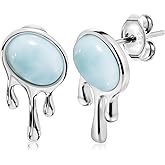 Gemsme Blue Larimar Stud Earrings - 925 Sterling Silver Natural Larimar Hypoallergenic Earrings Jewelry for Women
