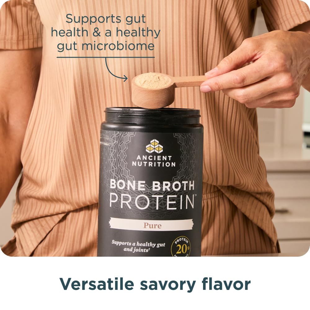 Ancient Nutrition Grass Fed & Cage Free Bone Broth Protein Powder, 20g Protein Per Serving, Hydrolyzed Collagen Peptides, Glucosamine, Chondroitin, Supports Joint & Gut Health, Pure, 20 Servings