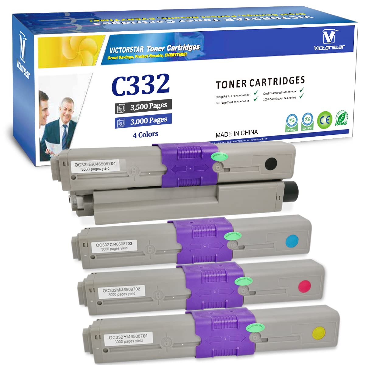 Photo 1 of VICTORSTAR Compatible Toner Cartridges C332 MC363 C332dn MC363dn C332dnw MC332dnw 4 Colors 3500 Pages for Black 3000 Pages for C M Y for OKI Okidata Color Laser Printers