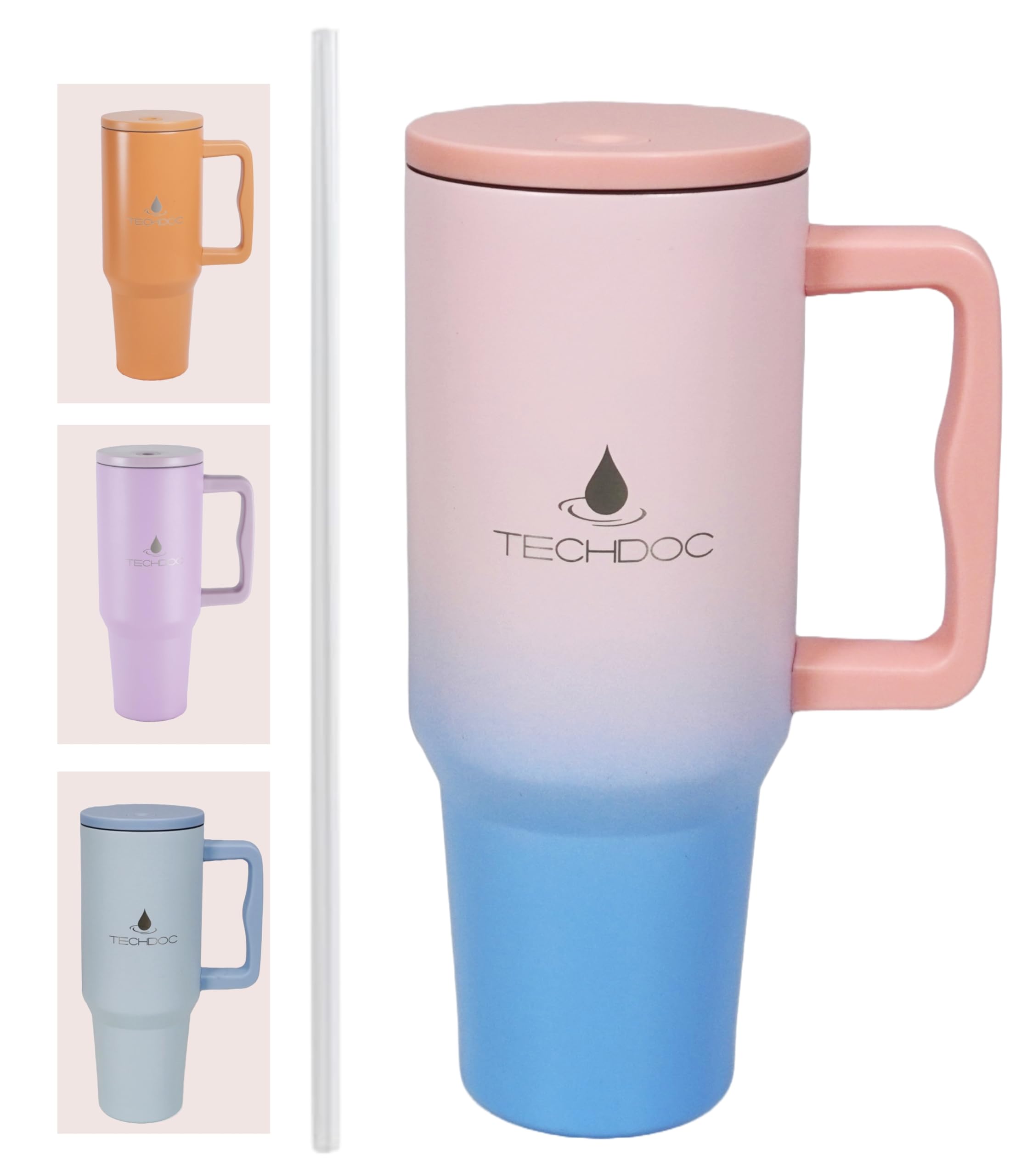 TechDoc 40 oz Insulated Tumbler with Handle & Sip Straw | Stainless Steel Water Bottle | Vacuum Travel Mug | Iced Coffee Cup | Hot & Cold Drinks | Gift for Him & Her | Pink & Blue Gradient | 1180ml