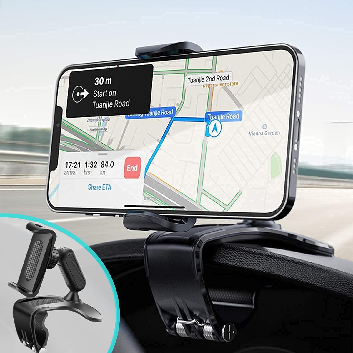 DMJWAN Phone Holder for Car, Car Phone Holder Mount with Upgrade 360 Degree Rotation Dashboard Universal &Adjustable Spring Clip Cell Phone Holder for Car 4 to 7 In Smartphones
