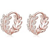 SLUYNZ Sterling Silver CZ Leaf Hoop Earrings for Women Teens Dainty Olive Leaf Hoop Earrings Huggie