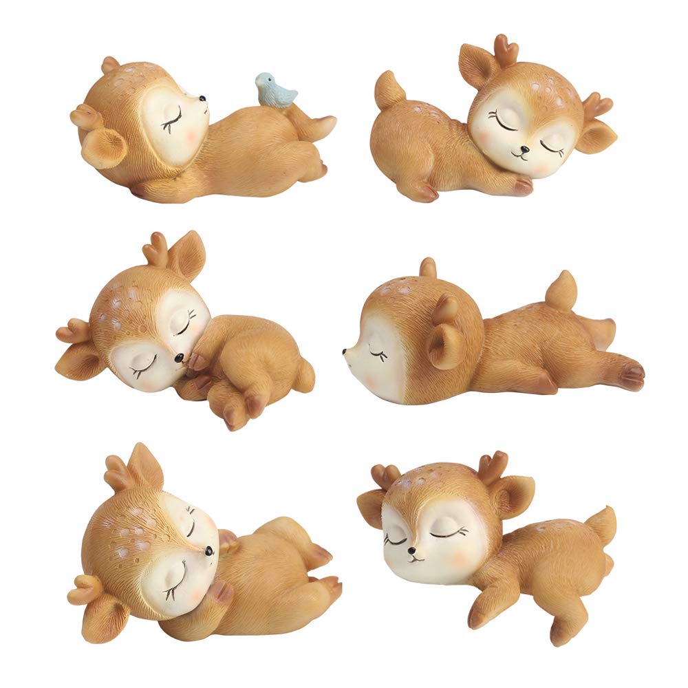 Photo 1 of 6 Pack Deer Figurines Cake Topper, Woodland Animal Doe Fawn Desktop Decoration Cute Miniature Statue Party Ornaments for Baby Shower Birthday Anniversary