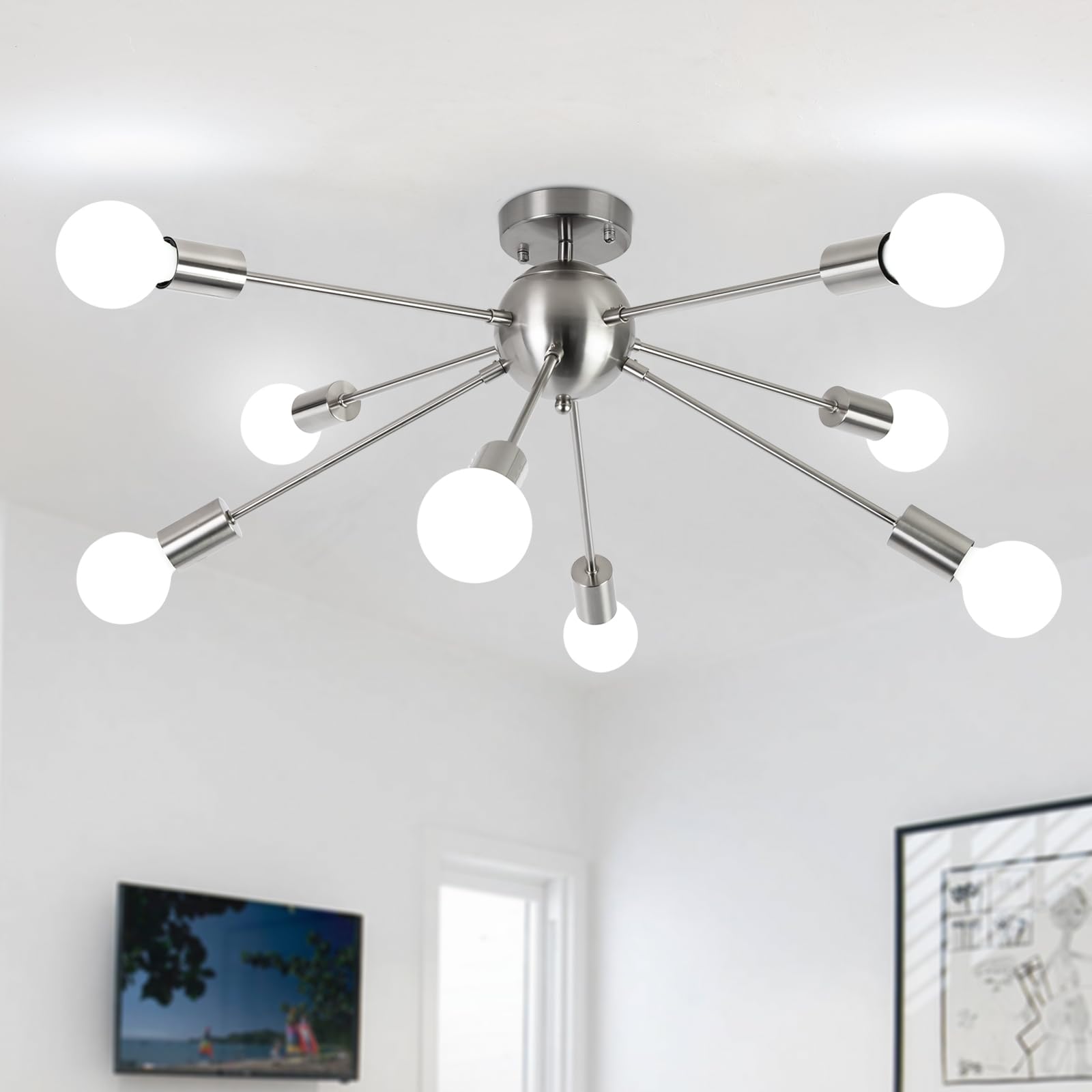 ASHUAQI Sputnik Ceiling Light, 8 Lights Chrome Ceiling Lights Living Room, E27 Modern Semi Flush Industrial Light Fittings Ceilings, Chandelier for Bedroom, Kitchen, Dining Room, Hallway, Lounge