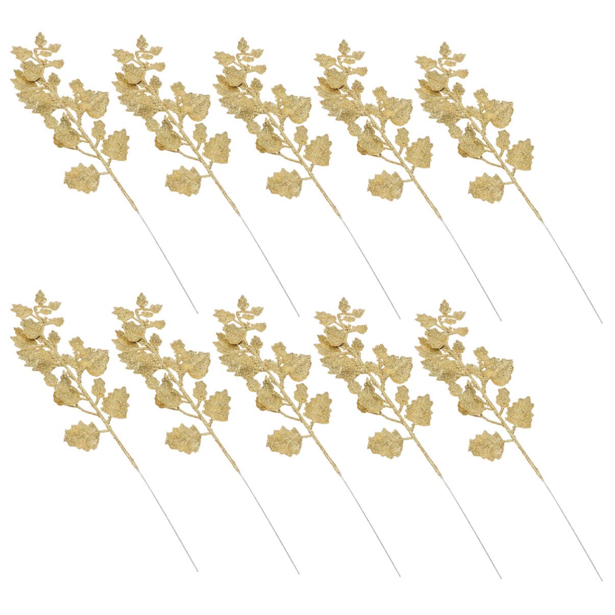 TOYANDONA Christmas Leaf Picks, Glitter Leaf Stems Faux Leaves Branches DIY Bouquet Stem Picks for Christmas Tree Ornaments, DIY Xmas Wreath, Crafts, Holiday Home Decor, 10 Pieces, Golden