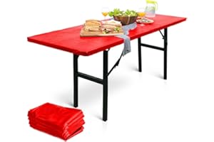 LINPRO 5Pk Plastic Table Cloths Disposable for Parties 8ft Picnic Table Covers with Elastic Fitted Camping Tablecloth Elastic Table Cover Rectangle Red Tablecloth Waterproof Outdoor & Folding Tables