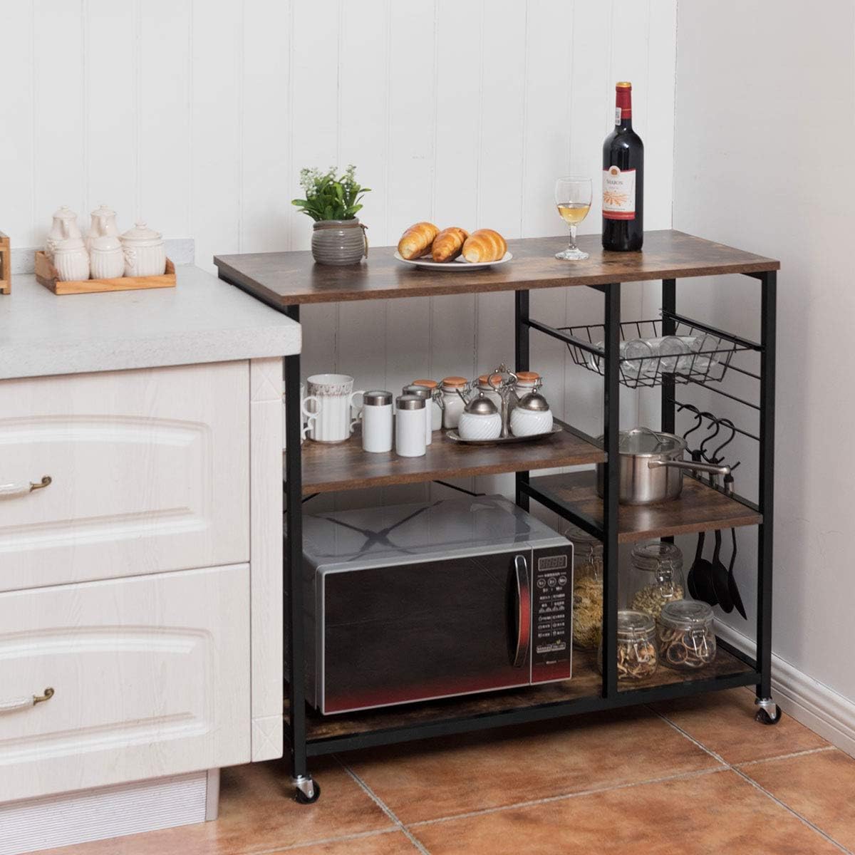 Giantex Industrial Kitchen Baker's Rack with Lockable Universal Wheel, Microwave Oven Stand, Metal Frame, Utility Storage Shelf, Basket and Hooks, Easy Assembly (Brown) - Standing Baker's Racks