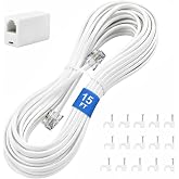 Uvital 15FT Phone Extension Cord, RJ11 Coupler and Cable Clips, White | Telephone Extension Line Cable with 1 In-line Coupler &amp; 15pcs Nail-in Cable Clip Holders for Landline Phone, Home or Office