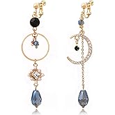 REELMAR Clip on Earrings for Women Dangle Asymmetrical Sun and Moon Earrings Gold-Plated Long Boho Earrings Dangling Chain Drops Bohemian Statement Earrings Jewelry