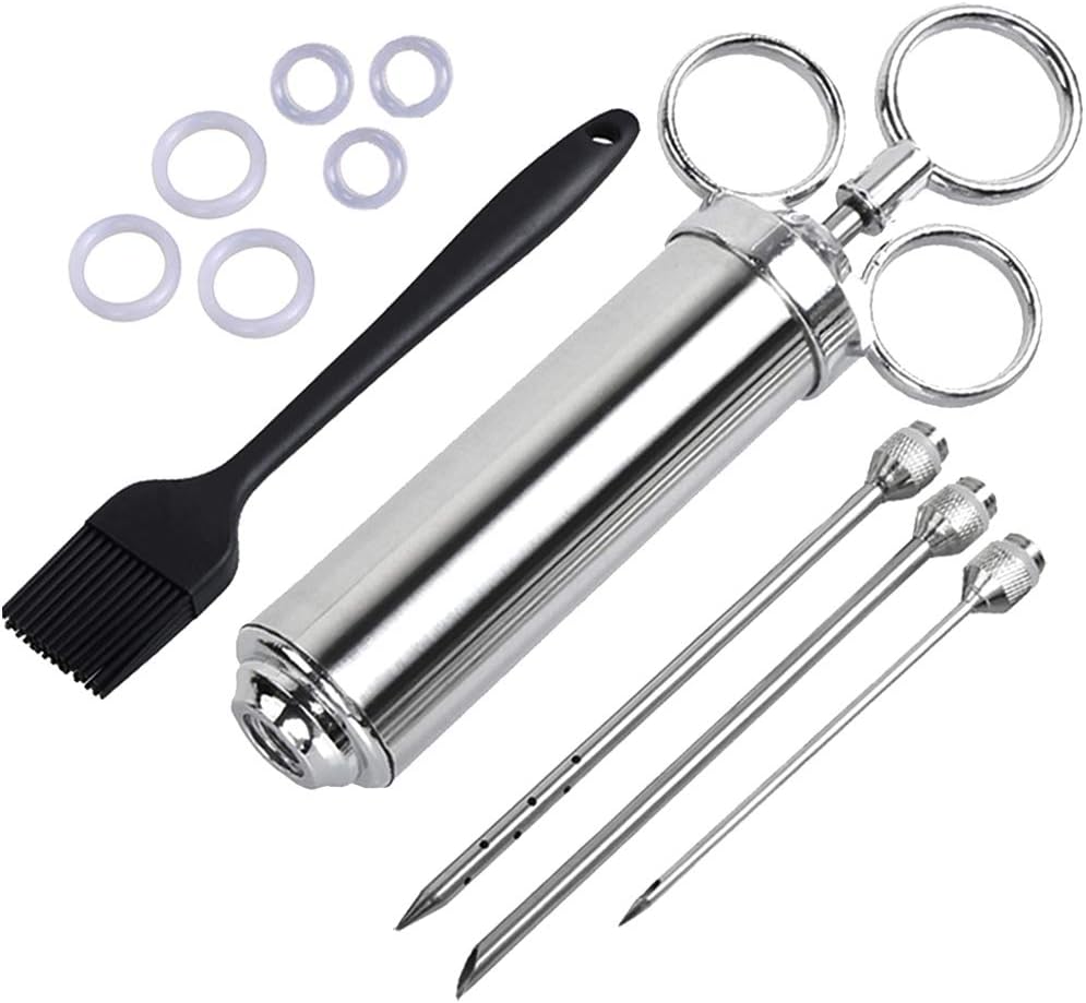 Meat Injector Kit, ZITFRI Stainless Steel Seasoning Injection Syringe Marinade Injector with 3 Needles and a Brush for Bbq Beef Chicken Turkey Pork