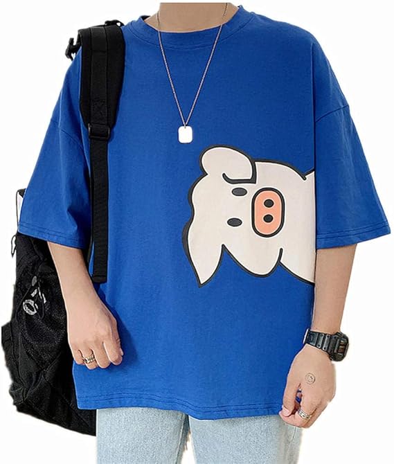 Amazon Tシャツ かわいいブタ柄半袖メンズカジュアルルーズtシャツパーソナリティストリートヒップホップトップス ブルー M Tシャツ カットソー 通販