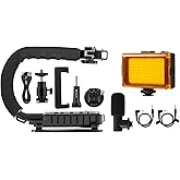 PULUZ U/C Shape Portable Handheld Bracket Stabilizer Kits Handle Grip + LED Studio Light + Video Microphone Kit with Cold Shoe Tripod Head for All SLR Cameras and Home DV Camera Smartphones