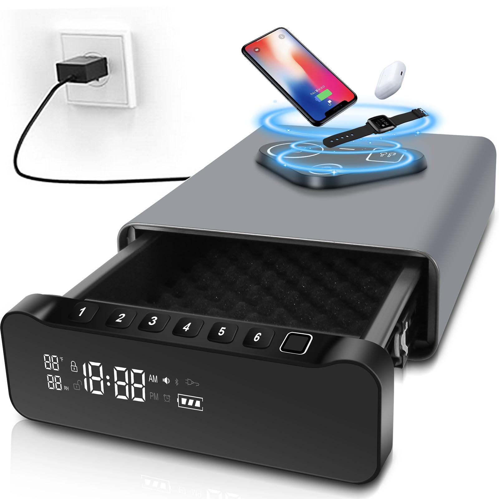 Photo 1 of FTOP Biometric Fingerprint Gun Safe, Clock Handgun Safe with 3-in-1 Watch & Phone Wireless Charging, Drawer Lock for Hand Guns, Cash, Valuables- with Humidity Reader|Temperature| Alarm Clock| Screen