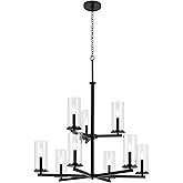 KICHLER Crosby 32.5" 9-Light 2-Tier Chandelier with Clear Glass in Black, for Dining Room, Living Room, or Foyer, (32.5" x 32