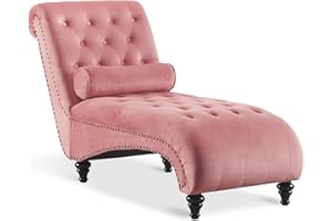 Paddie Velvet Button-Tufted Chaise Lounge Chair Leisure Sofa Couch w/Bolster Pillow, Nailhead Trim and Turned Legs for Indoor Living Room(Pink)