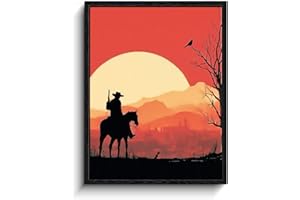 WOXZQ Western Cowboy Silhouette Inspired by Red Dead Redemption 2 Sunset Landscape Game Art Wall Decor Canvas Poster for Gaming Room 12x15 Inch