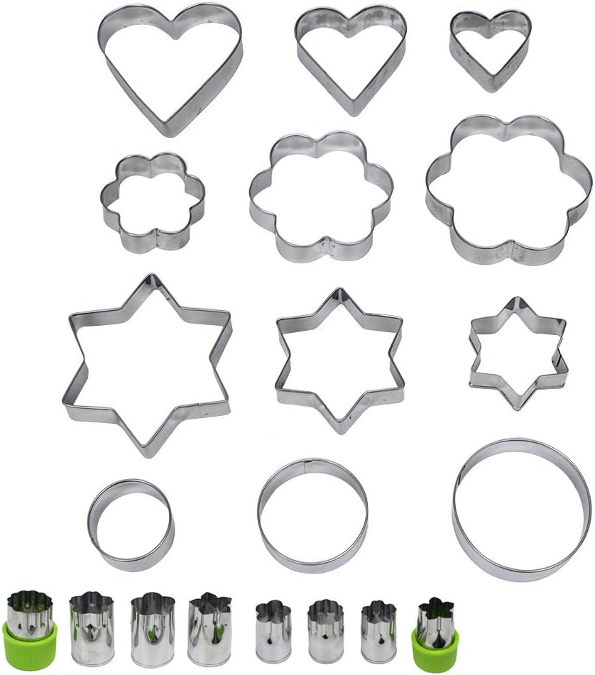 JUSLIN Set of 20 Stainless Steel Molds, 12 Metal Cookies Cutters, 3 Star-Shapes, 3 Flower-Shapes, 3 Round, 3 Heart-Shapes (Different Sizes), & 8 Metal Vegetable Fruit Cutters for Food Decorations