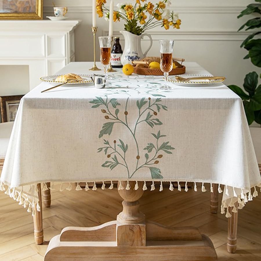 Pahajim Square Table Cloth Washable Cotton Linen Tablecloth Anti-Wrinkle Tassel Design Fabric Table Cover for kitchen, Dining, Outdoor Garden Tabletop(Beige,55 x 55 Inch) — image 1