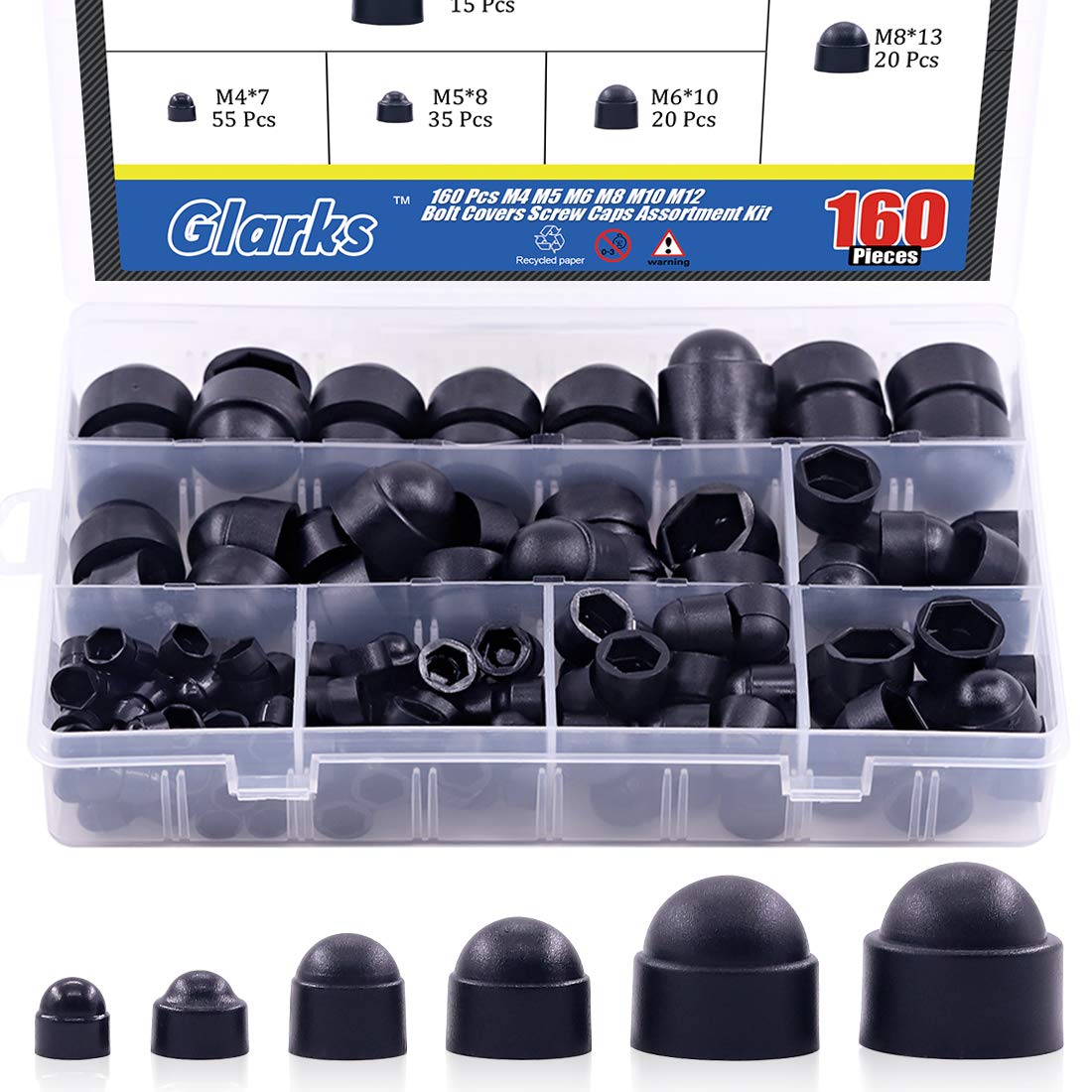 Glarks 160Pcs Black Bolt Covers Screw Caps Assortment Kit, M4 M5 M6 M8 M10 M12 Nylon Acorn Dome Protection Caps for Protecting Hexagon shaped Screws Bolts (Black)