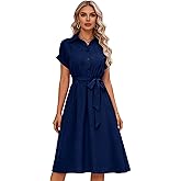 Zeflows Womens Short Sleeve Casual Dress with Shirt Collar Solid Color Waist Tied A Line Button Design Dress