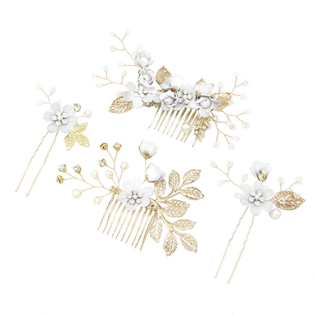 Toyvian Bridal Hair Comb Set 4 Pieces Handmade Floral Rhinestone Hair Accessories for Weddings Bridesmaids Special Occasions
