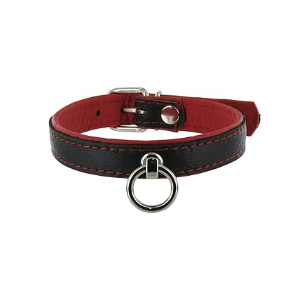 SiaLinda: Halsband echtes Elch Leder mit O-Ring, zweifarbig, schwarz/rot 20mm breit - Normale Länge