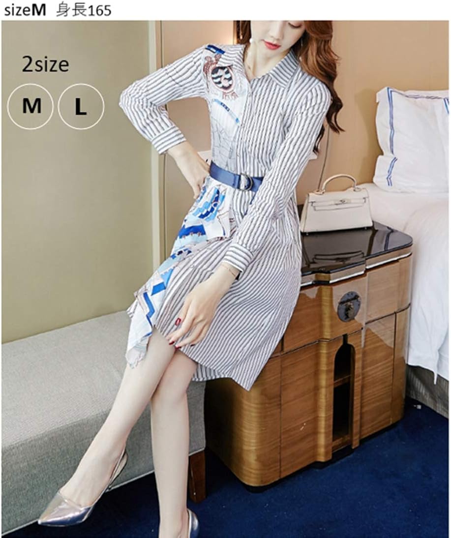 Amazon Ki ストライプ ホワイトネイビー 長袖 ベルト付 スカーフ柄 ワンピース 白 ネイビーストライプ M 服 ファッション小物 通販