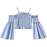 SHENHE Girl's Cold Shoulder Shirred Crop Tops Flounce Long Sleeve Frill Trim Blouses