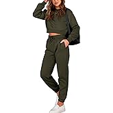 BTFBM Women 2 Piece Outfits Long Sleeve Crop Top Pullover Drawstring Pant Jogger Set Casual Sweatsuits Tracksuit Pockets